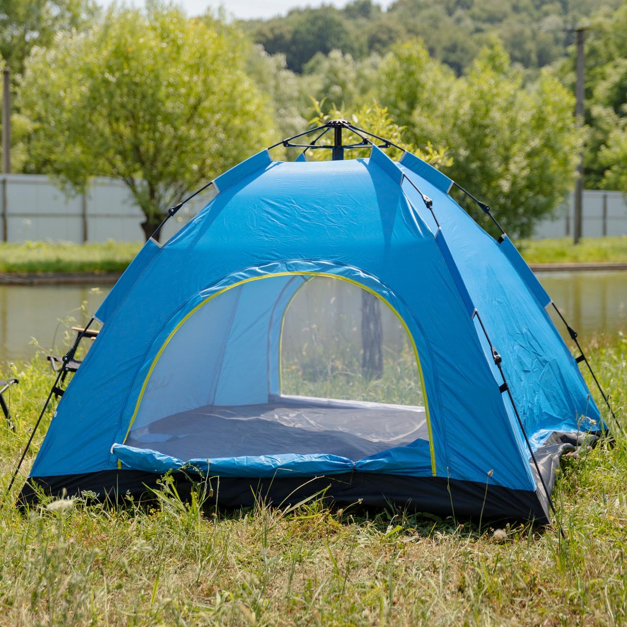 Автоматическая двухместная палатка для туризма и рыбалки голубого цвета с каркасом из фибергласса