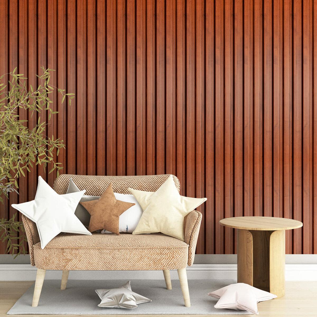 Декоративні рейки WPC у сучасному інтер’єрі вітальні під дерево