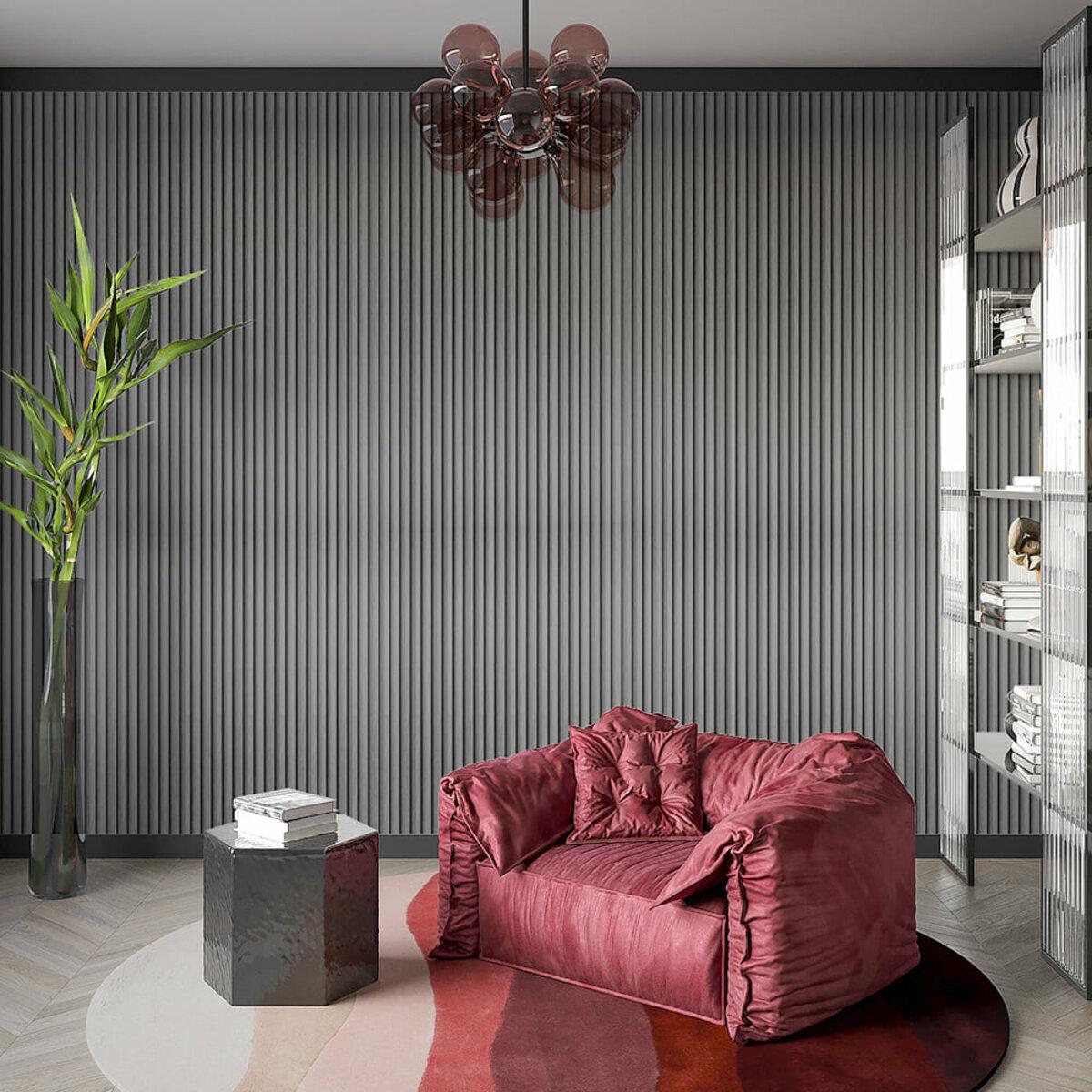 Интерьер с декоративной рейкой WPC уголь — панели WPC для стен интерьера