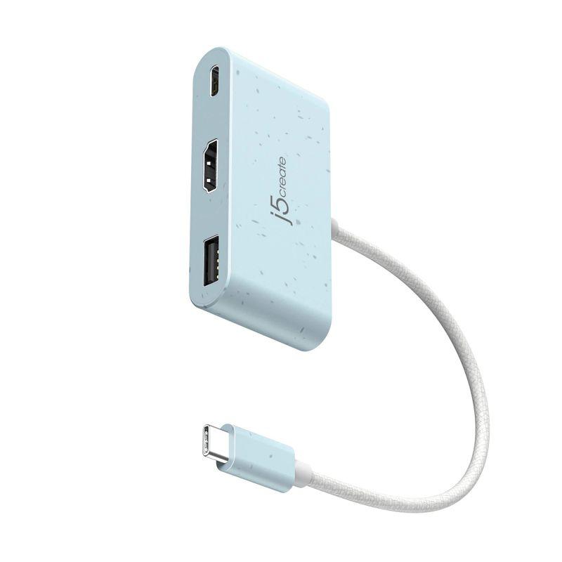 Блакитний мультиадаптер J5create USB-C 3-в-1 з портами HDMI 4K, USB-A та Power Delivery