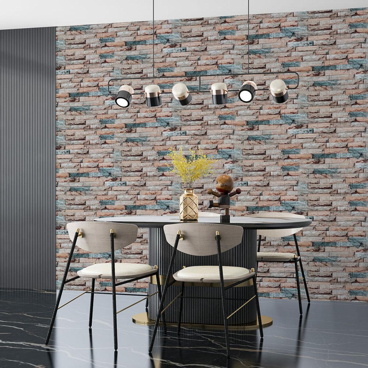 Самоклеюча стінова панель під кольоровий мармур у сучасному інтер’єрі їдальні