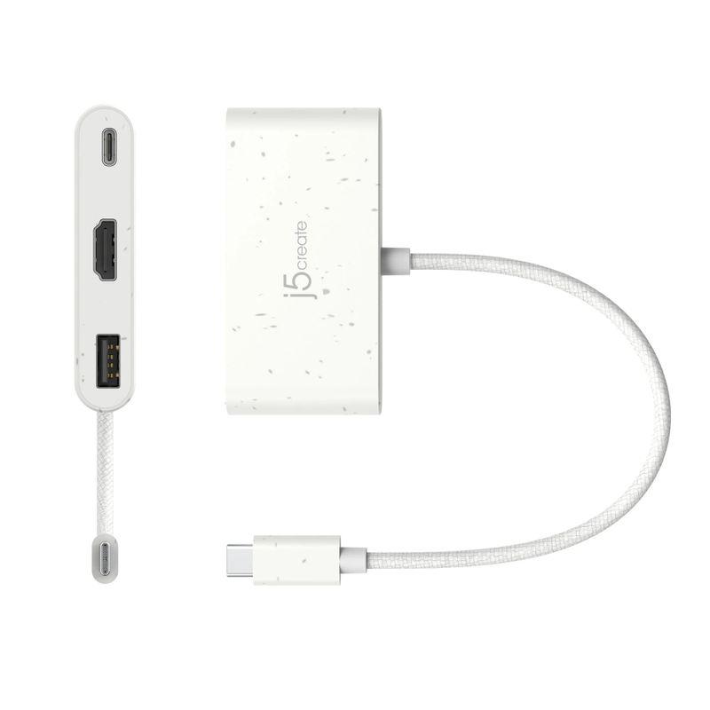 Білий USB-C хаб J5create 3-в-1 з портами HDMI 4K, USB-A та USB-C Power Delivery