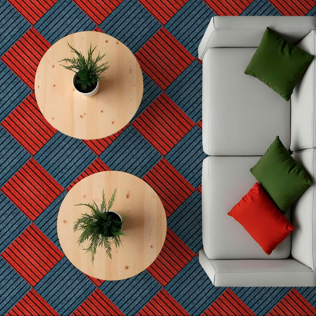 Ковровая модульная плитка 300x300 в интерьере: укладка в шахматном порядке, плитка под ковролин для пола