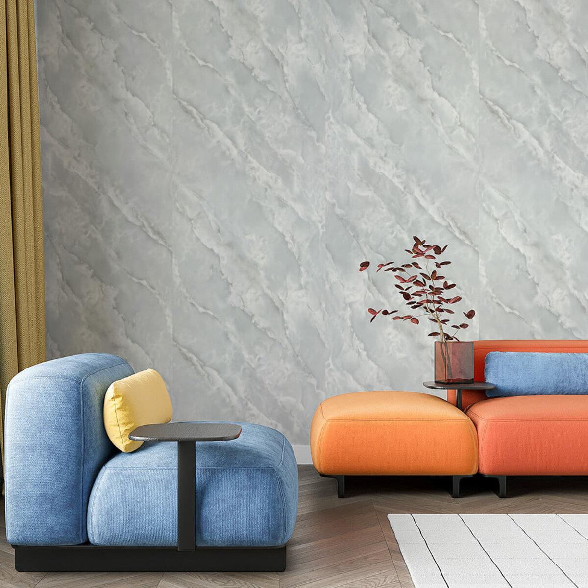 интерьер с самоклеящейся стеновой PET плиткой в рулоне мраморный принт 600х3000 мм