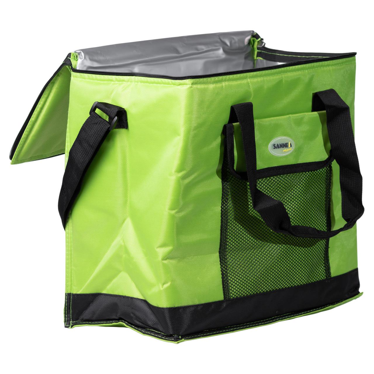 Сумка-холодильник для пикника и рыбалки салатового цвета с сетчатым карманом и регулируемым ремнем