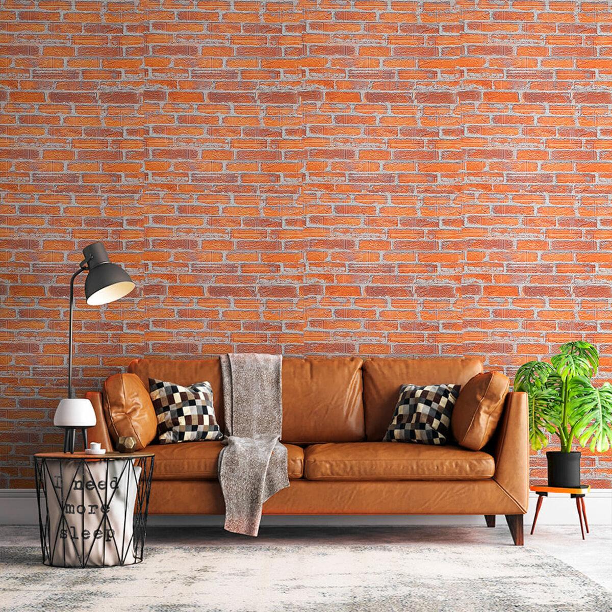 Самоклеящиеся 3D панели под кирпич в интерьере — рыжий кирпич 700x770 мм, декоративная панель для стен