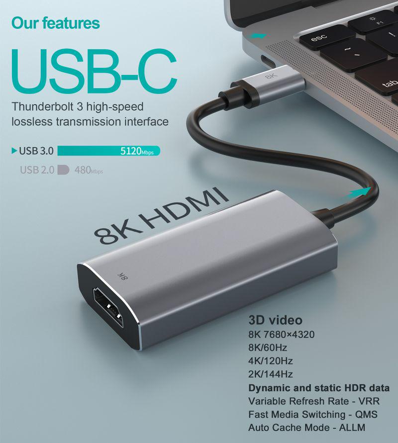 Алюмінієвий перехідник USB Type-C на HDMI Choetech HUB-H16-GY з підтримкою 8K 60 Гц