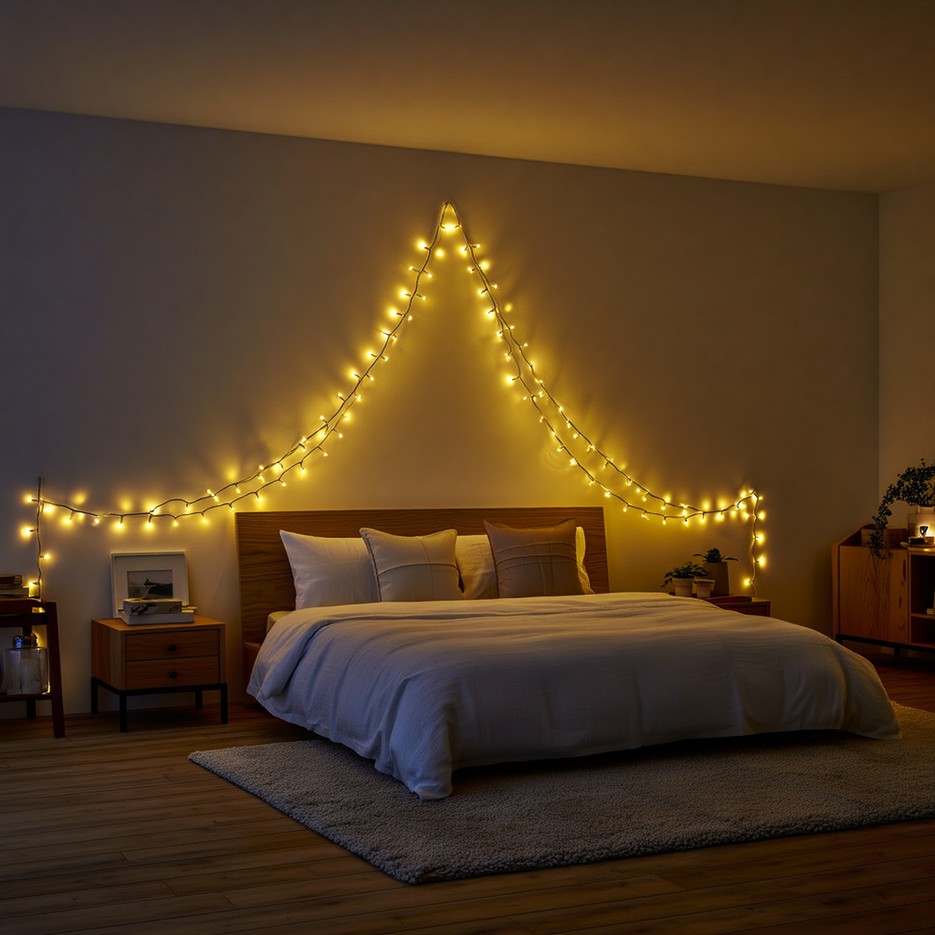 комнатная светодиодная гирлянда черный провод 16 м тёплый желтый свет, пример в интерьере