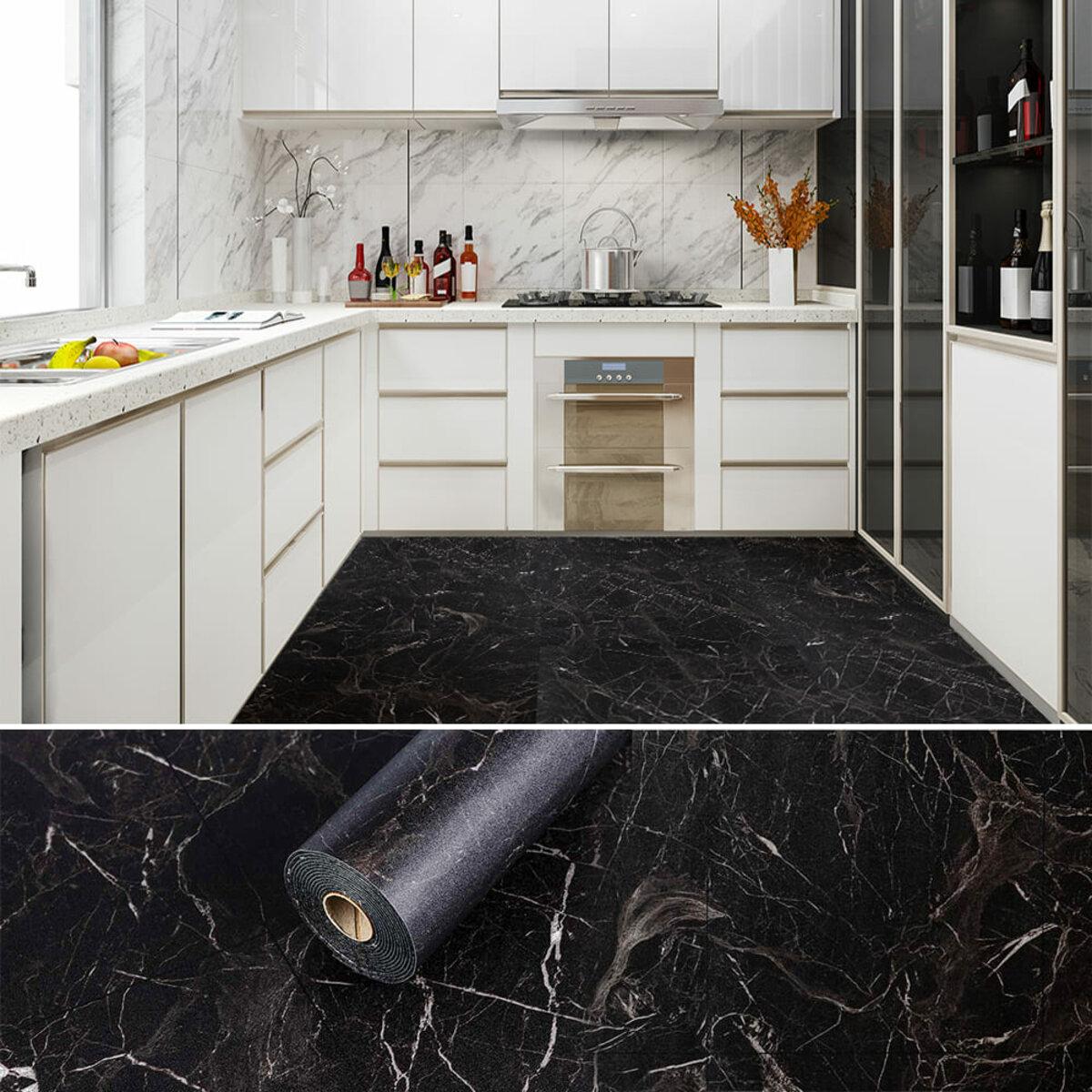 Интерьер кухни с виниловым напольным покрытием в рулоне IXPE, имитация мрамора, 600x3000 мм