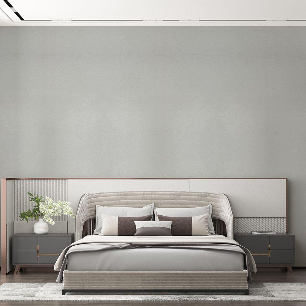 Виниловая плитка в рулоне серый лён в интерьере спальни — рулонная виниловая плитка для стен