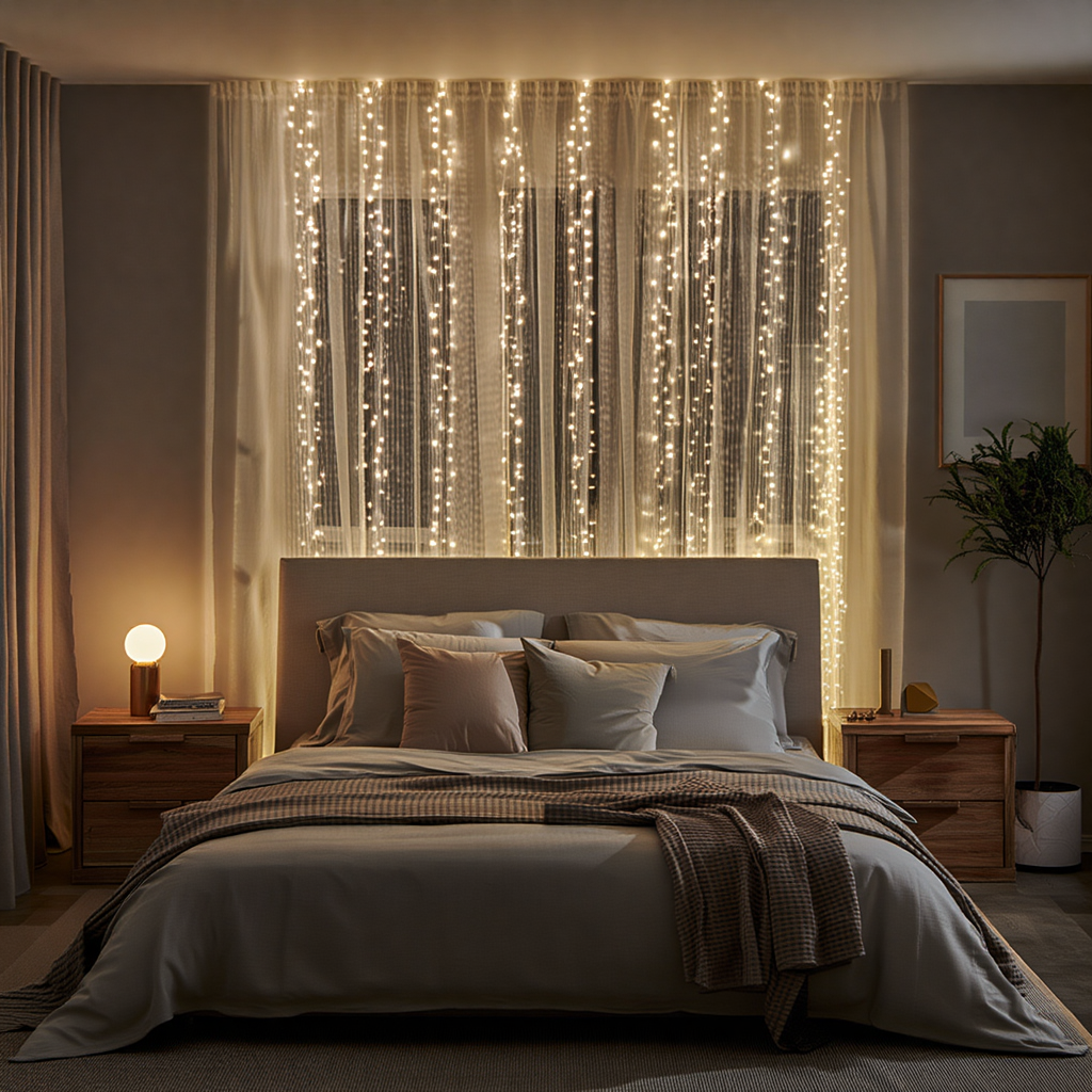 светящаяся штора для окон 400 LED тёплый желтый свет в интерьере