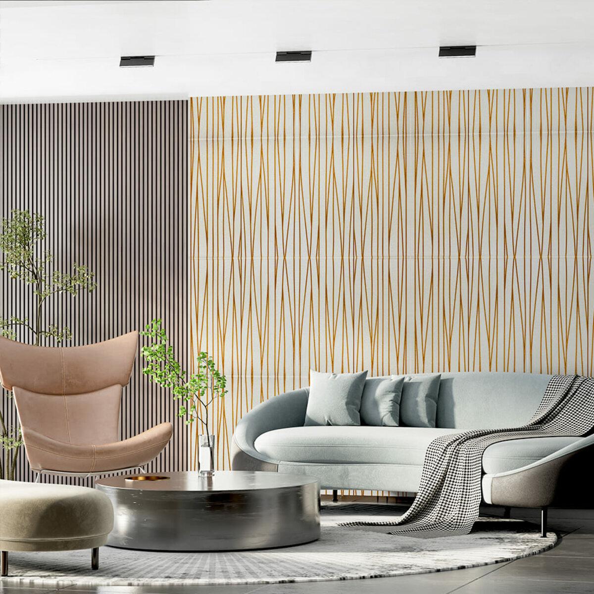 Самоклеящаяся 3D панель золотые ленты в интерьере 700x700 мм — самоклеящиеся 3D панели для стен