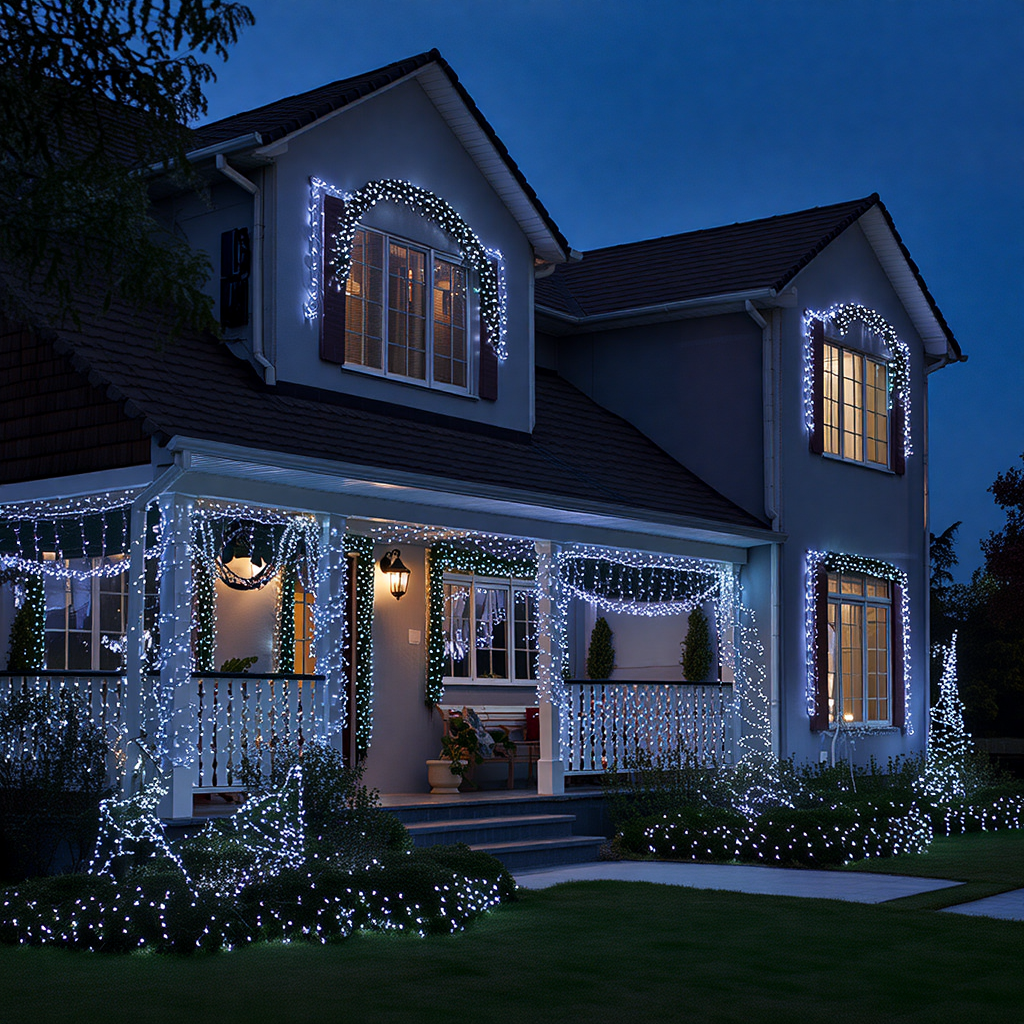 уличная светодиодная гирлянда 100 м на фасад — 1000 LED белый свет, пример оформления дома