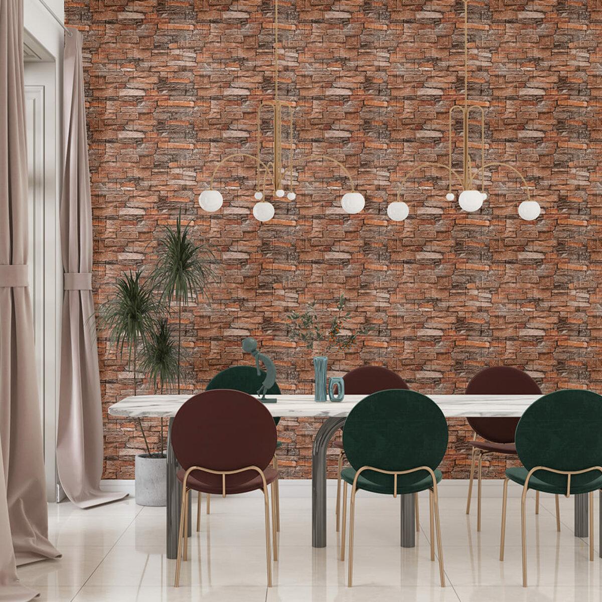 3D панель під цеглу в інтер'єрі їдальні з коричнево-рудим декоративним оздобленням стіни