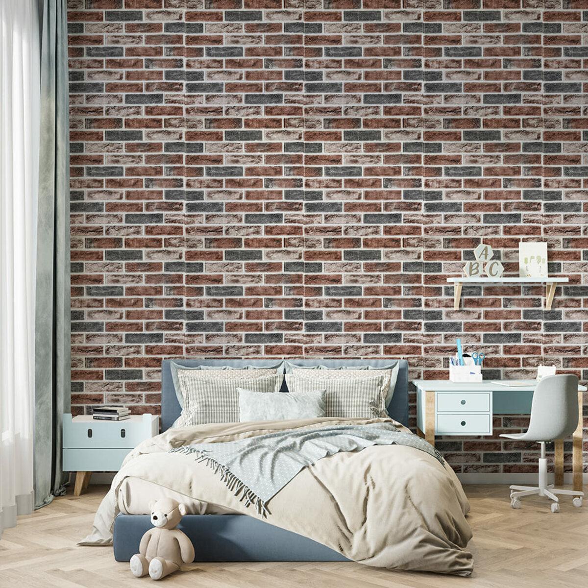 3D панели для внутренней отделки стен — самоклеящаяся панель под кирпич оранжевый 700x700 в интерьере