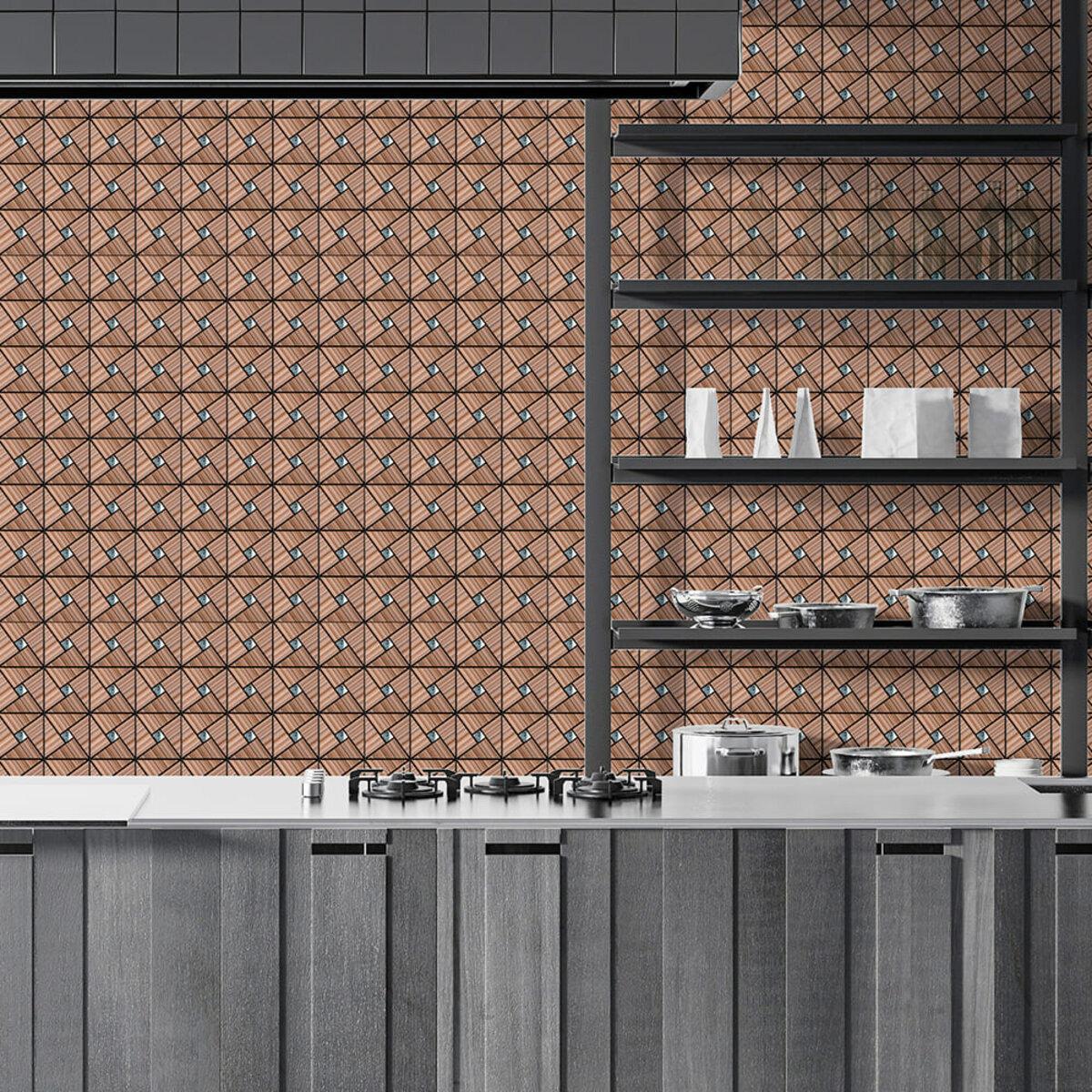 Алюминиевая самоклеящаяся плитка 300х300 в интерьере кухни — бронза, декоративная панель для стен