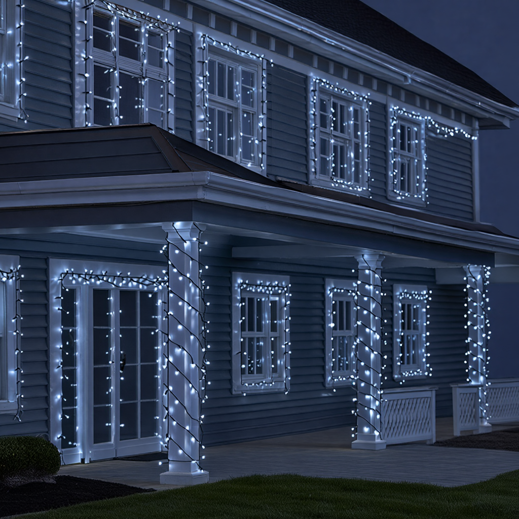 Уличная светодиодная гирлянда 50 м белый свет на фасаде дома IP65