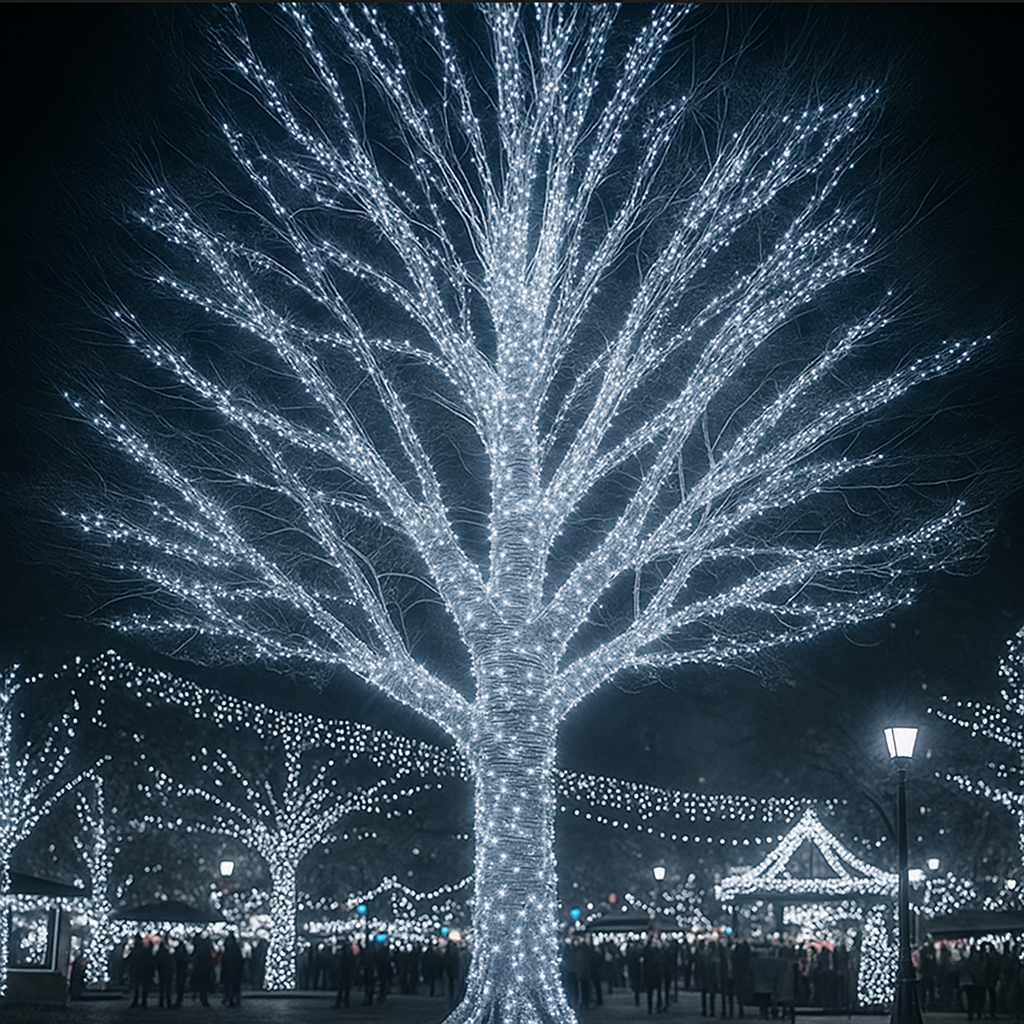 Уличная LED гирлянда 100 м белого света на дереве — гирлянда для деревьев и фасадов