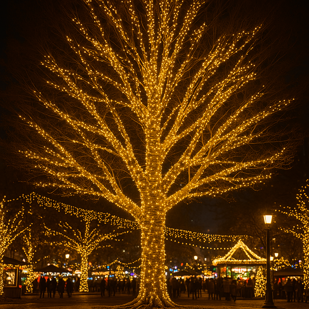 уличная гирлянда 100 метров — тёплый желтый свет для улицы, пример на деревьях