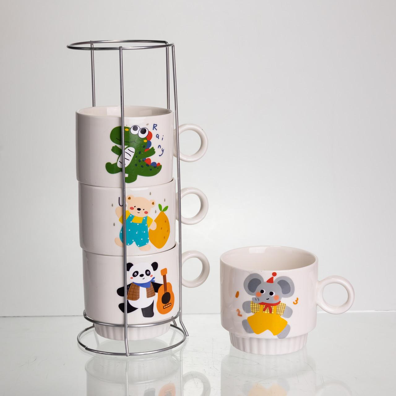 Набір фарфорових дитячих чашок Animals на металевій підставці, вертикальне зберігання