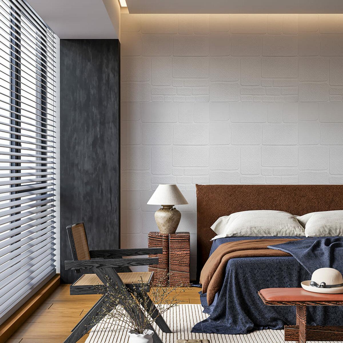 Белая самоклеящаяся 3D панель камень в интерьере спальни 700х700мм – 3D панели под камень белые