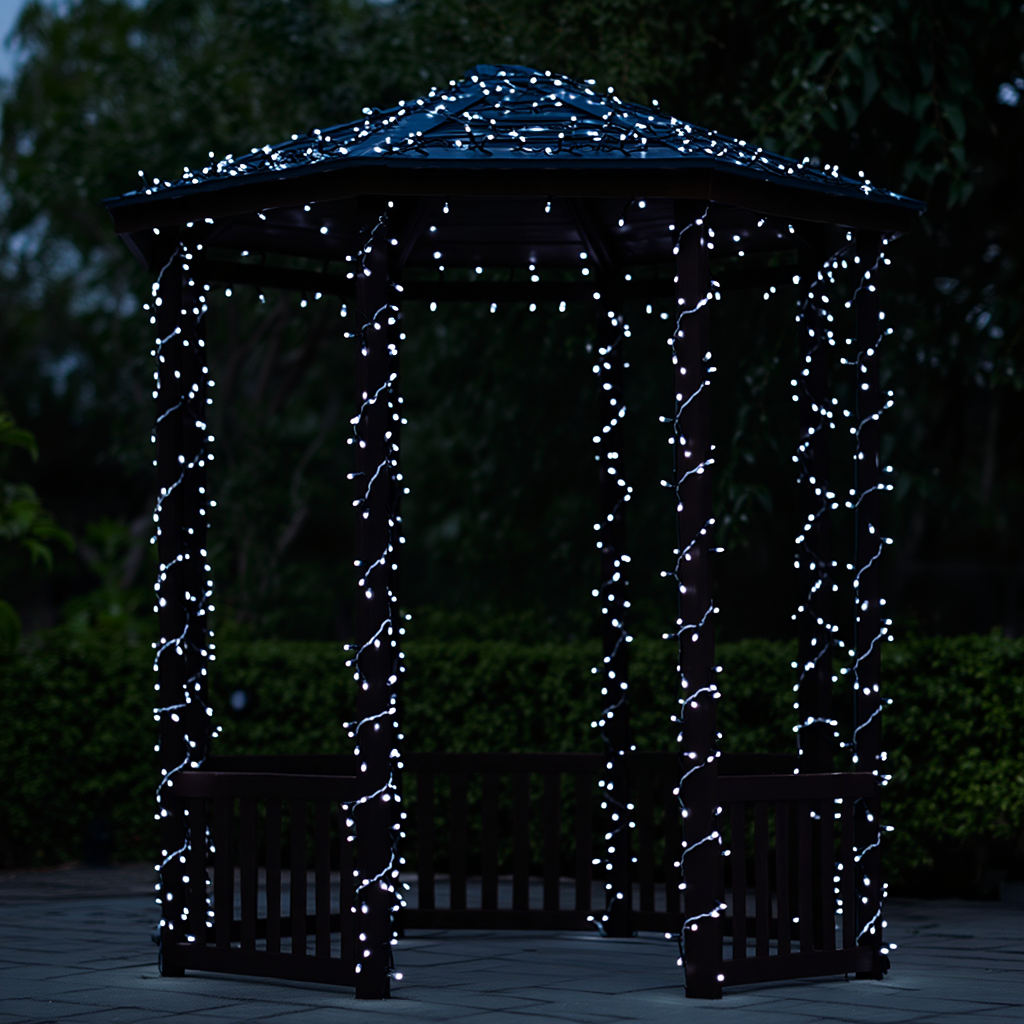 уличная гирлянда на солнечной батарее 30 м белое свечение на беседке, 300 LED
