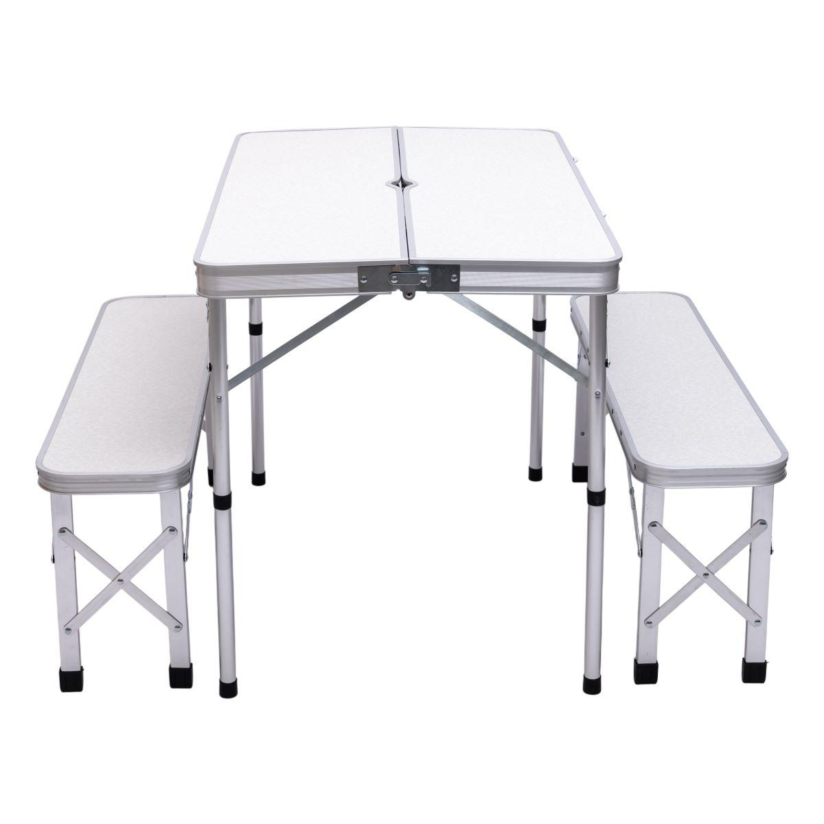складной стол для пикника — разложенный комплект стол и две лавочки с алюминиевым каркасом и МДФ столешницей
