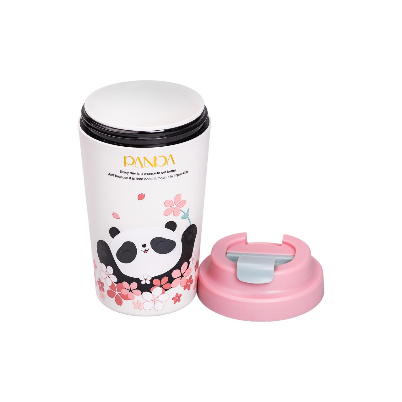 вакуумная термокружка 380 мл с керамической колбой и открытой крышкой — розовая кружка с пандой