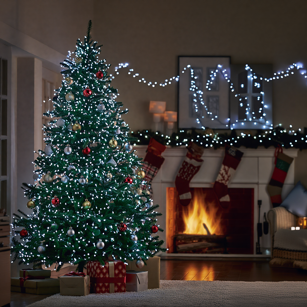 уличная светодиодная гирлянда 30 м белый свет на елке и камине