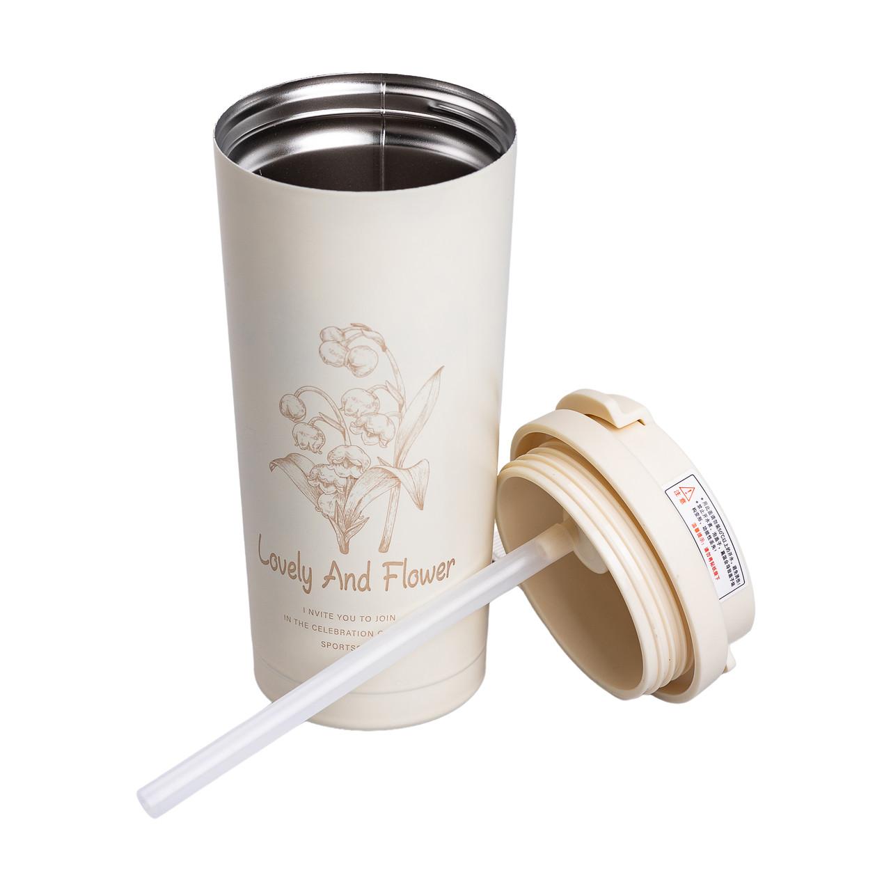 Термокружка из нержавеющей стали 500 мл с крышкой и трубочкой — белая термокружка с ремешком 500 мл