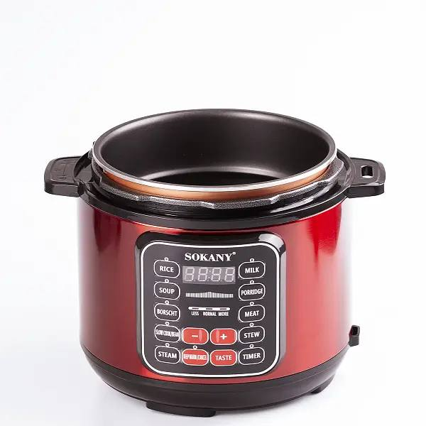 Мультиварка-скороварка Sokany вид внутренней антипригарной чаши и открытая крышка