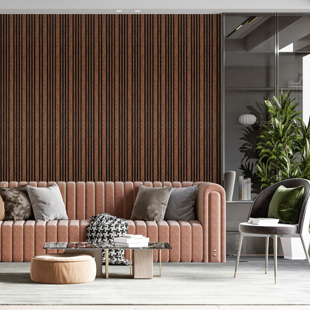 Рейка декоративная для стен коричневая с золотыми вкраплениями в интерьере, панель 120x2900 мм