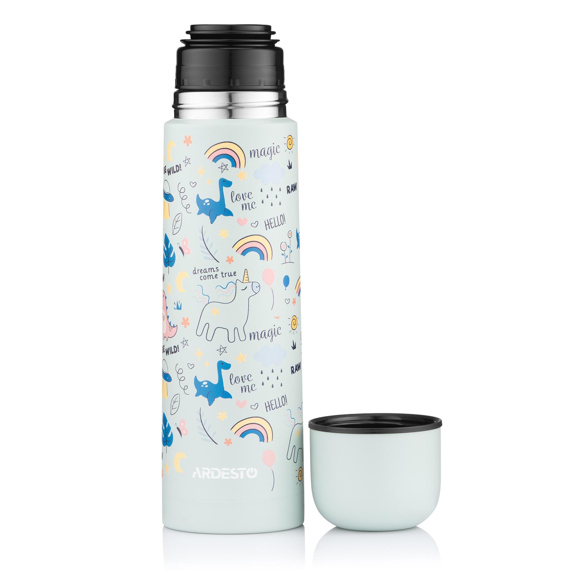 Детский термос 500 мл с крышкой-чашкой 100 мл и кнопкой-подачей, стальной вакуумный термос 0,5 л