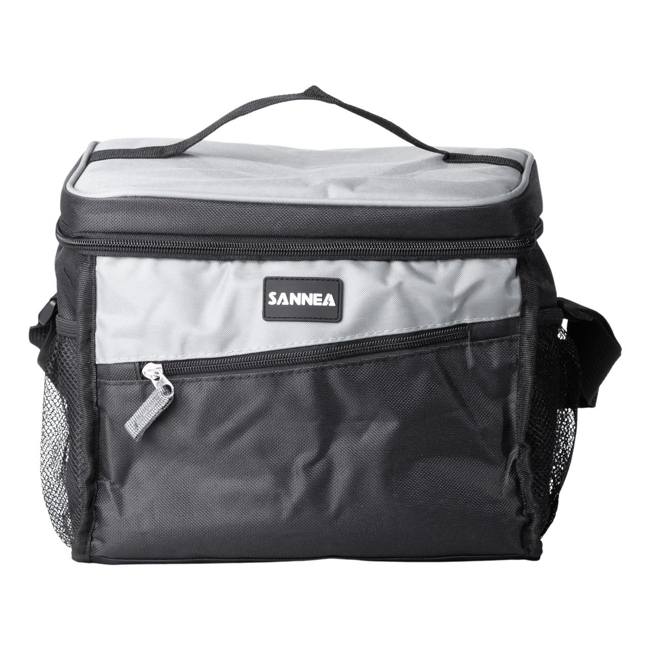 термосумка для еды и напитков 12 л: вид спереди с ручкой, передний карман и сетчатые боковые карманы