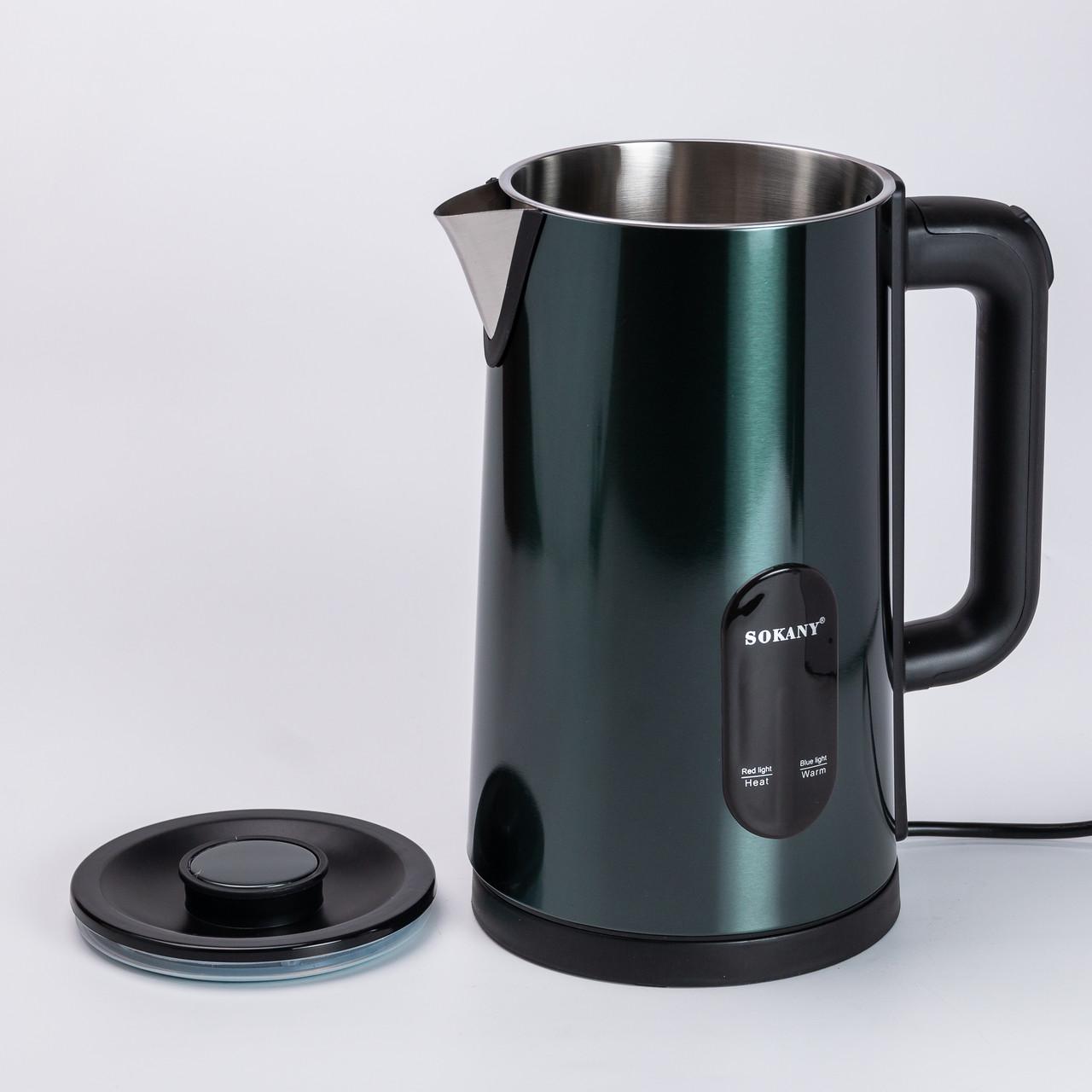 чайник с автоотключением и защитой — вид с открытой крышкой, нержавеющая внутренняя чашa и носик с фильтром