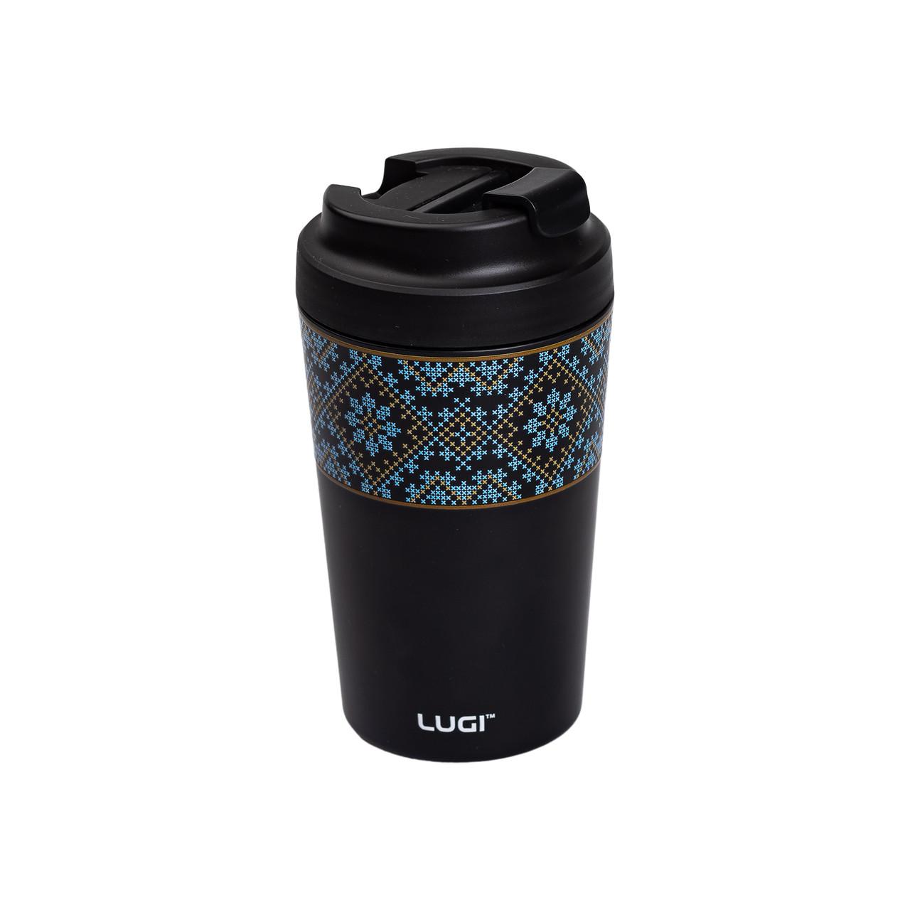 черная термочашка 380 мл с фарфоровой колбой и узором вышиванка — термокружка с керамической колбой