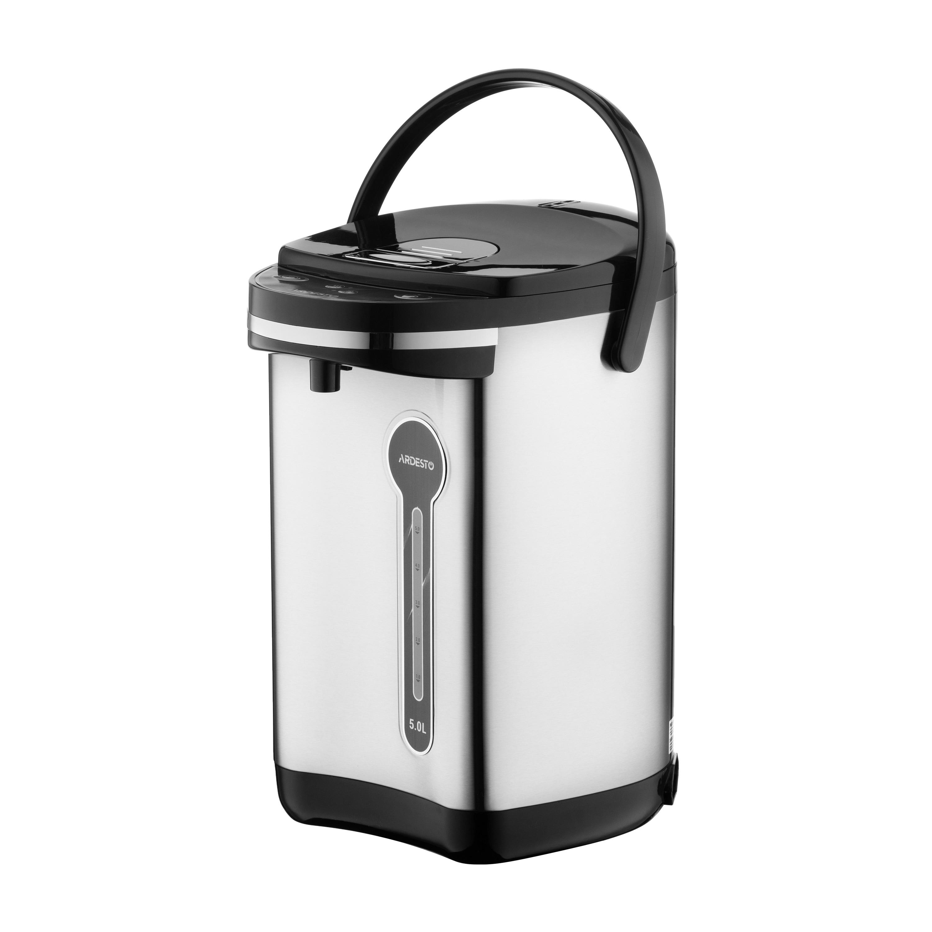 электрический термопот 5 л серо-черный — вид сбоку со шкалой уровня воды