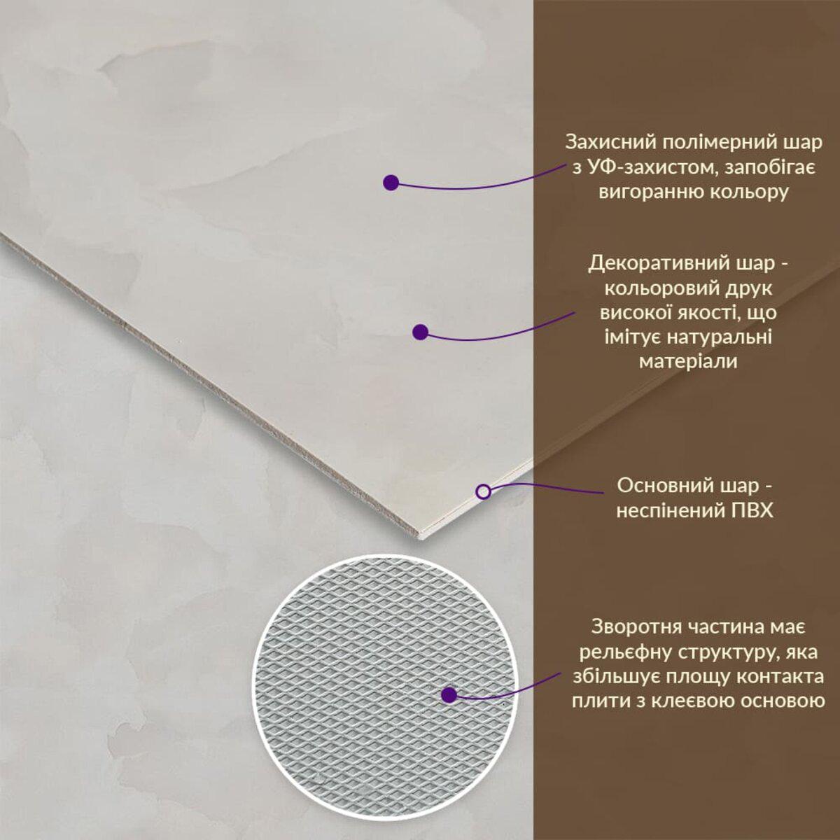 ПВХ плита 600x600 мм — структура слоев и рельефная обратная сторона, влагостойкая стеновая панель