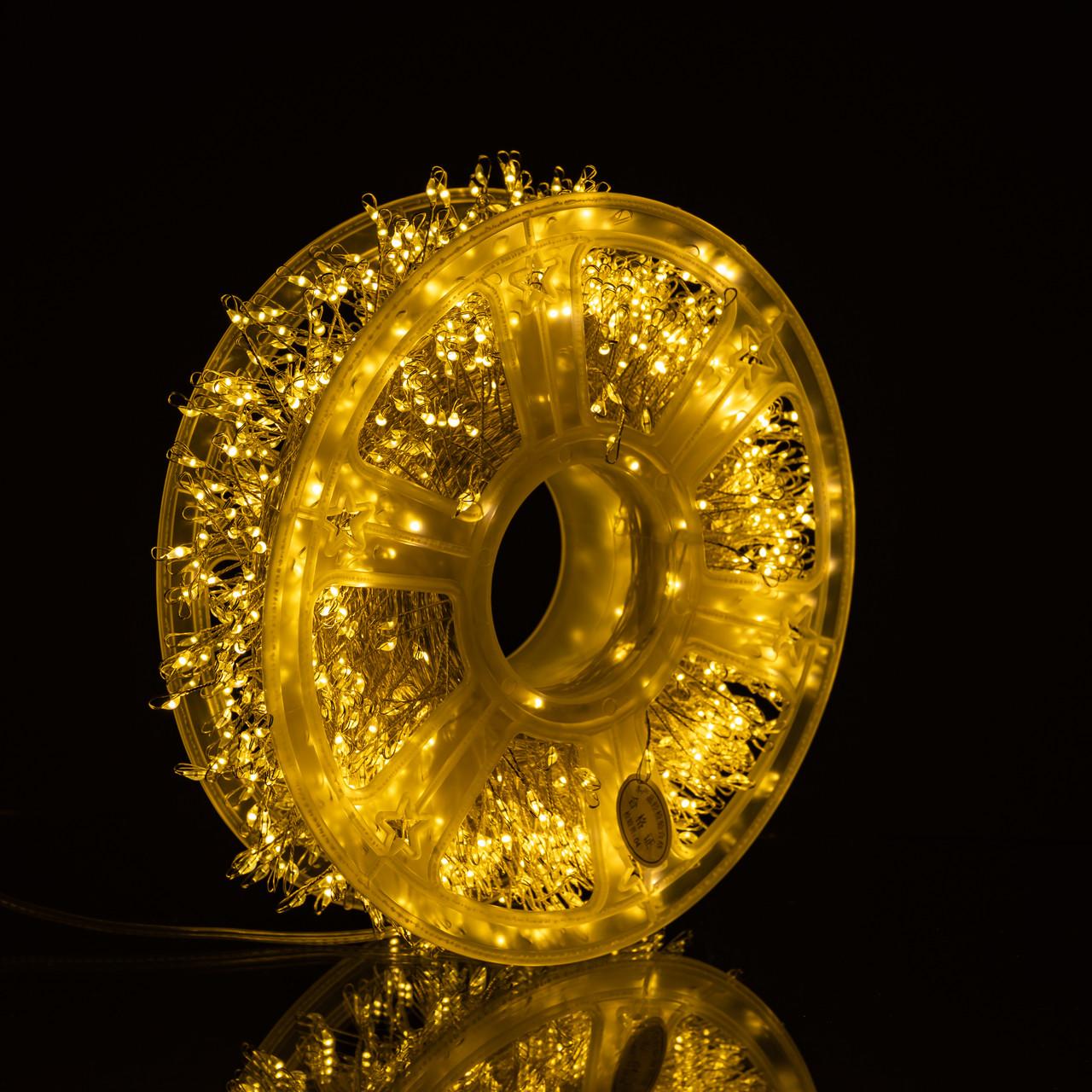 плотная LED гирлянда на катушке 1500 LED — тёплый жёлтый свет, удобная упаковка