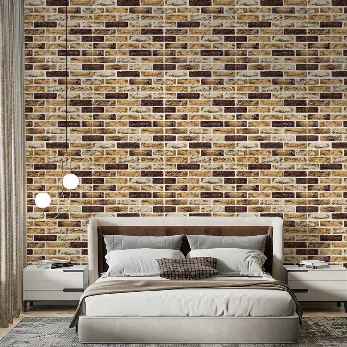 Интерьер спальни с самоклеящимися 3D панелями под кирпич песочного цвета