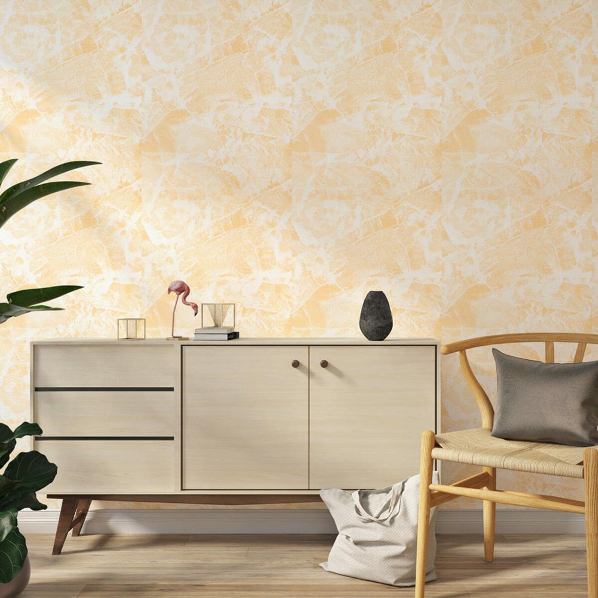 Бежевые самоклеящиеся обои в интерьере гостиной — теплоизоляционные обои с фактурой мрамора