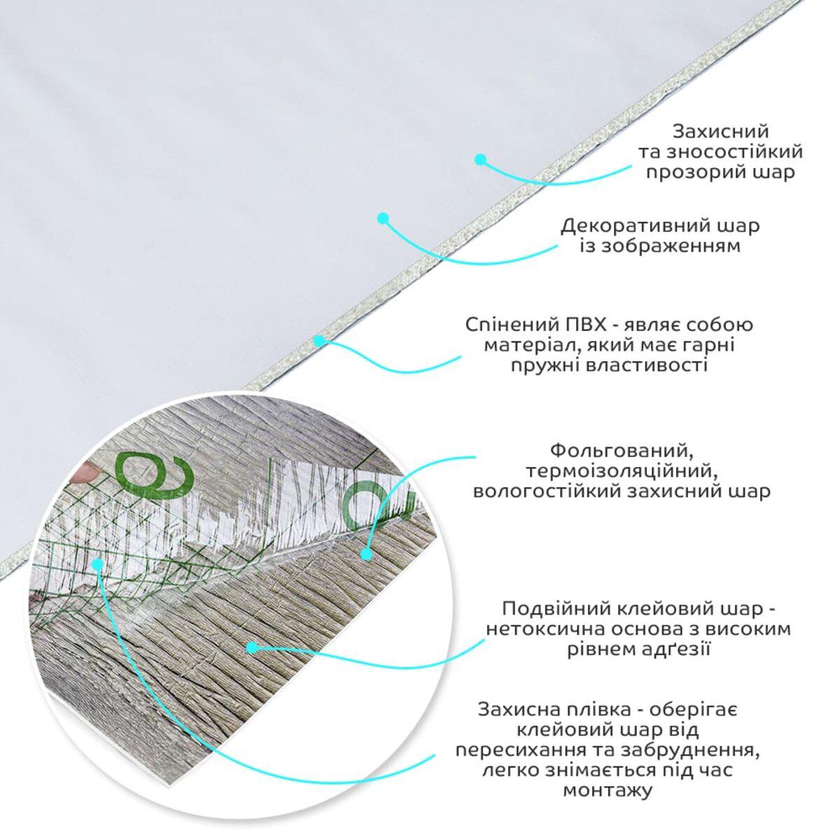 Слои самоклеящейся виниловой плитки: защитный слой, декоративная печать, вспененный ПВХ, фольга и клей