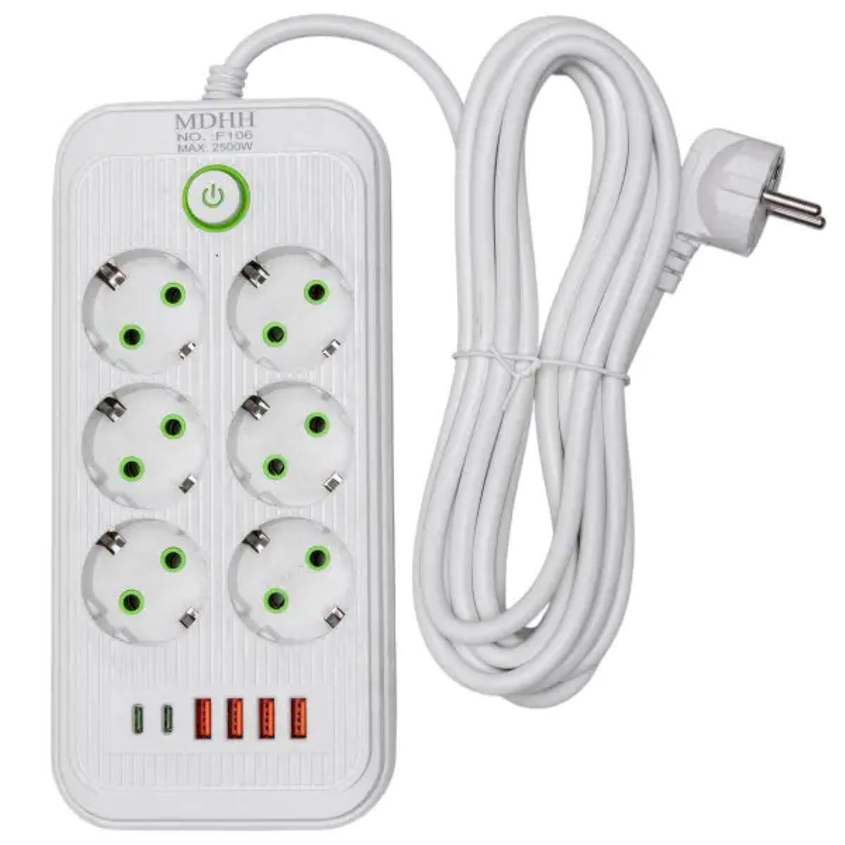Білий подовжувач на 6 розеток з 4 USB-A, 2 USB-C та кабелем 5 м
