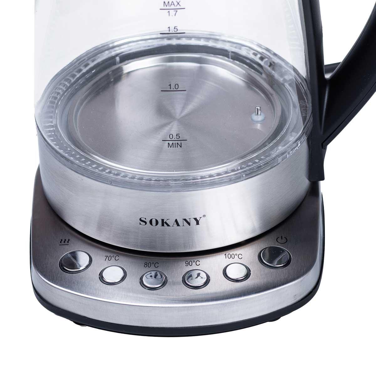 крупный план панели управления и подсветки стеклянного электрочайника с терморегулятором 1.7 л