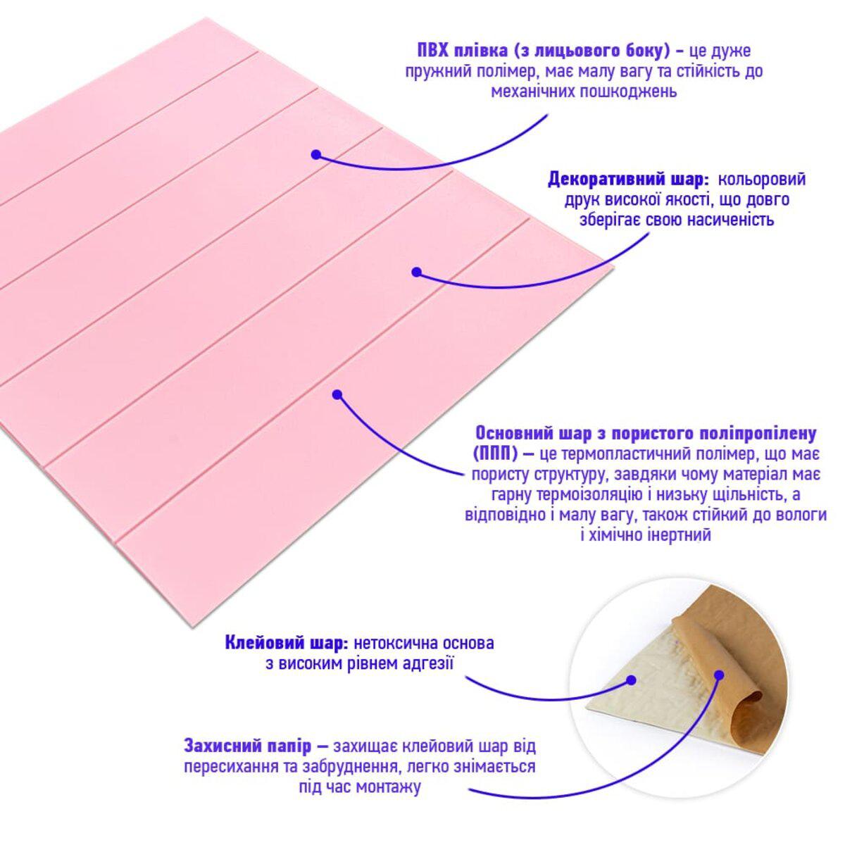 самоклеящиеся 3D панели под розовое дерево — структура слоя: ПВХ пленка, декоративный слой, пористый полипропилен, клеевой слой