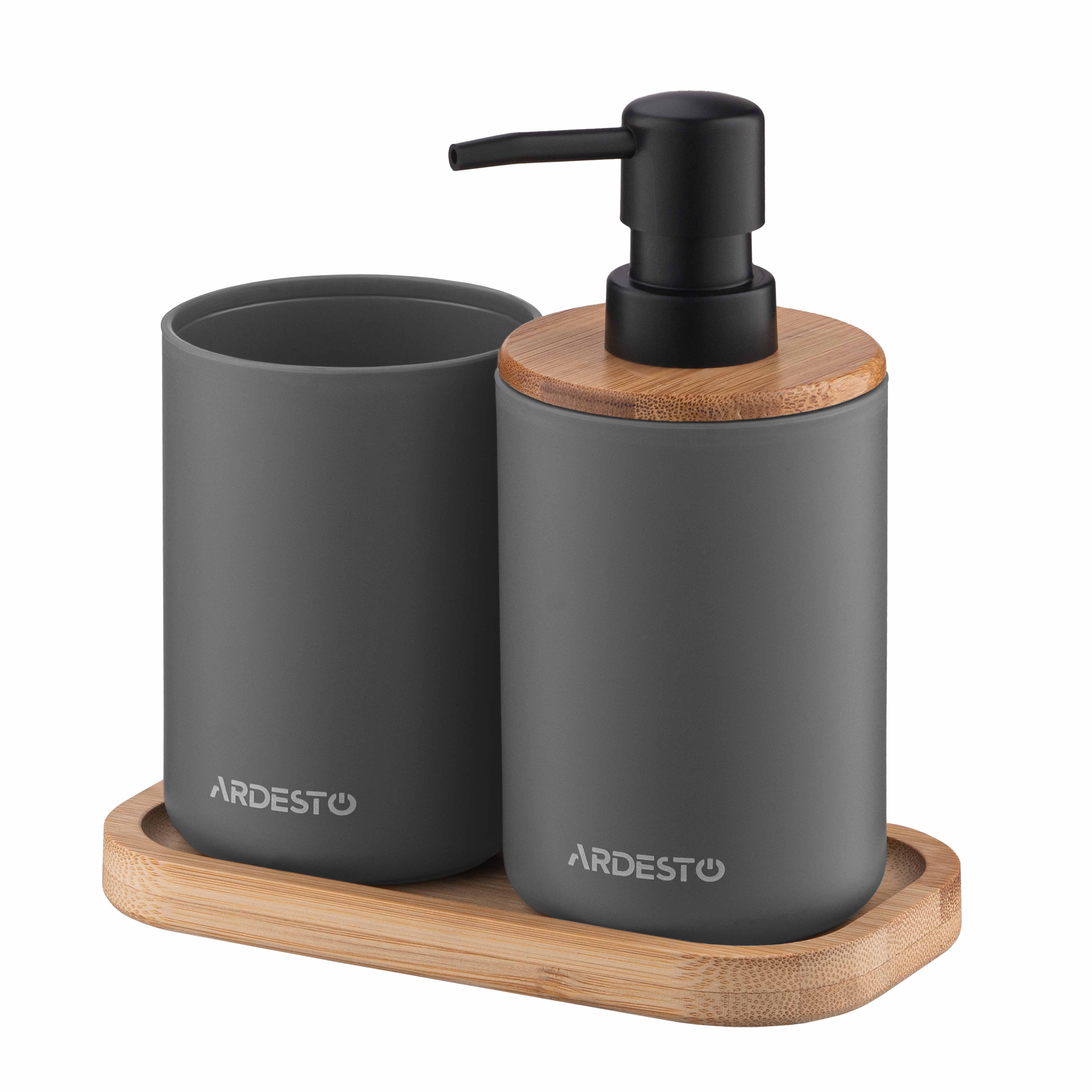 Набор для ванной комнаты с диспенсером 360 мл и стаканом из полипропилена и бамбука в современном стиле