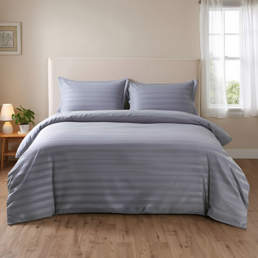 Синій єврокомплект постільної білизни зі страйп-сатину в інтер'єрі спальні
