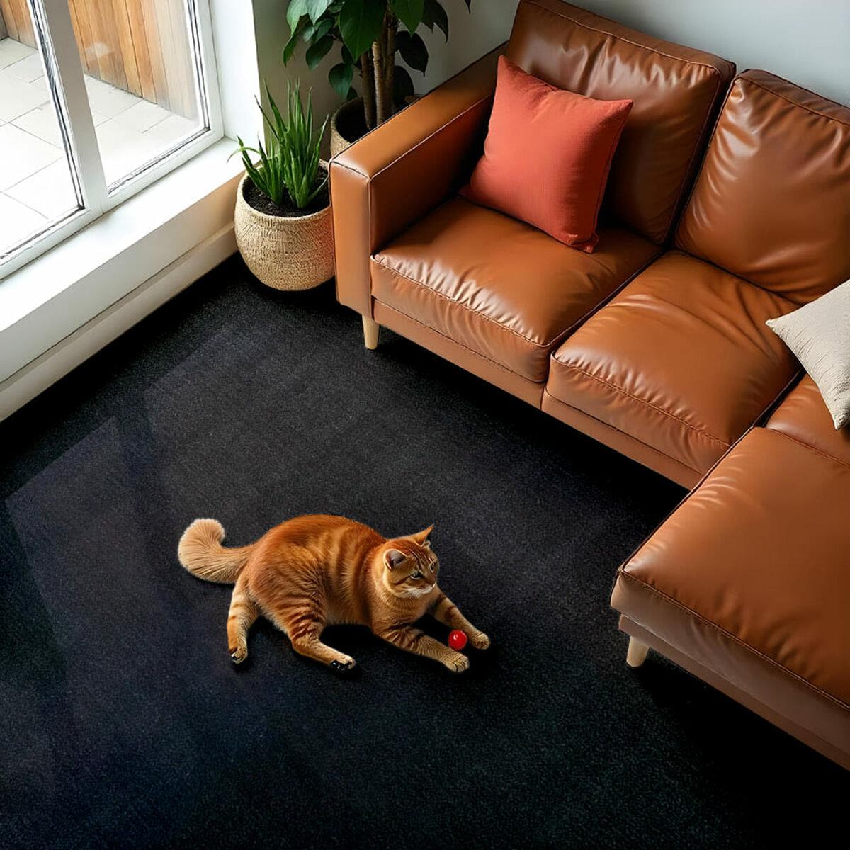 черный ковролин для пола в интерьере — рулон уложен в гостиной с мягкой мебелью и котом