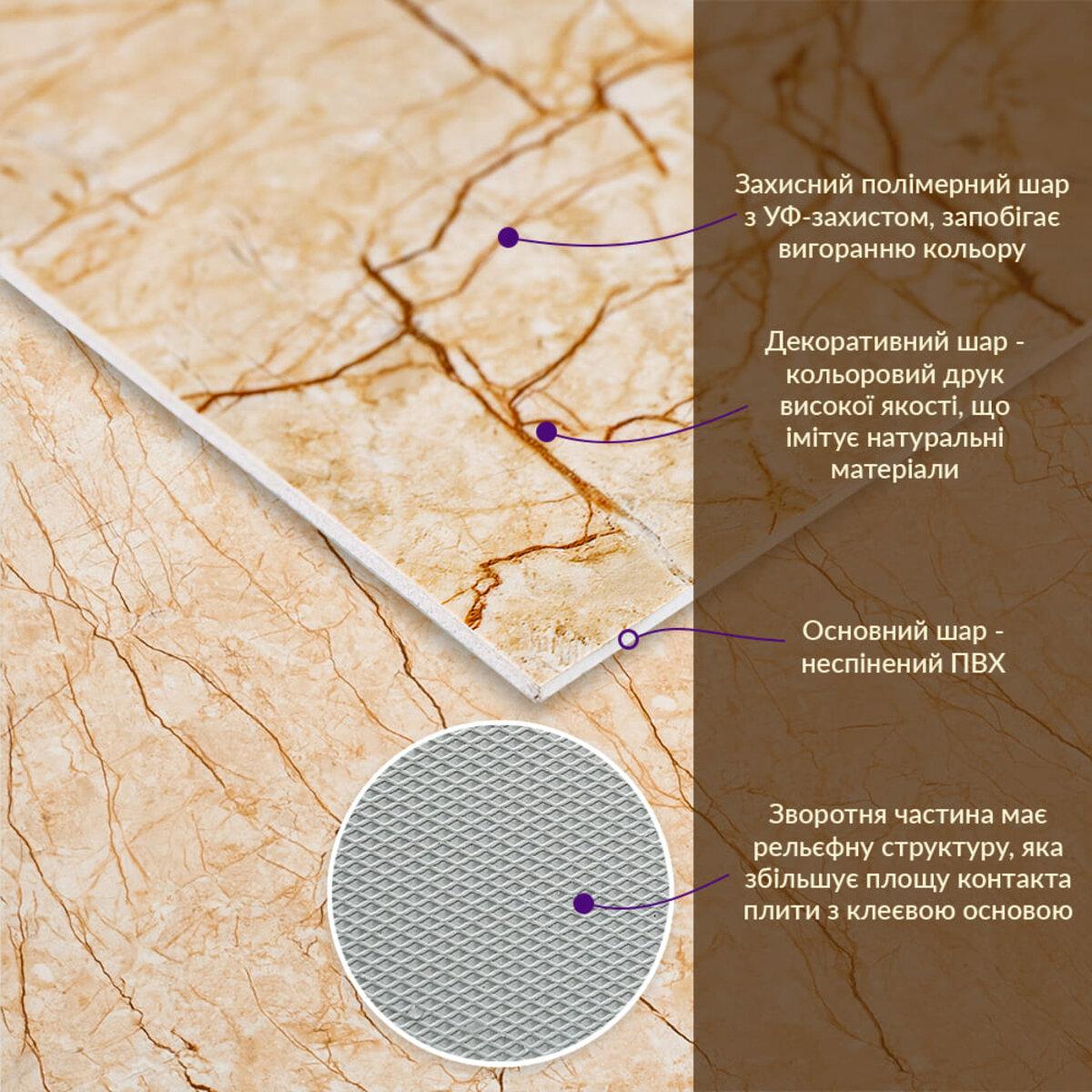 Декоративна ПВХ плита під бежевий мармур, структура шарів і тильна сторона панелі
