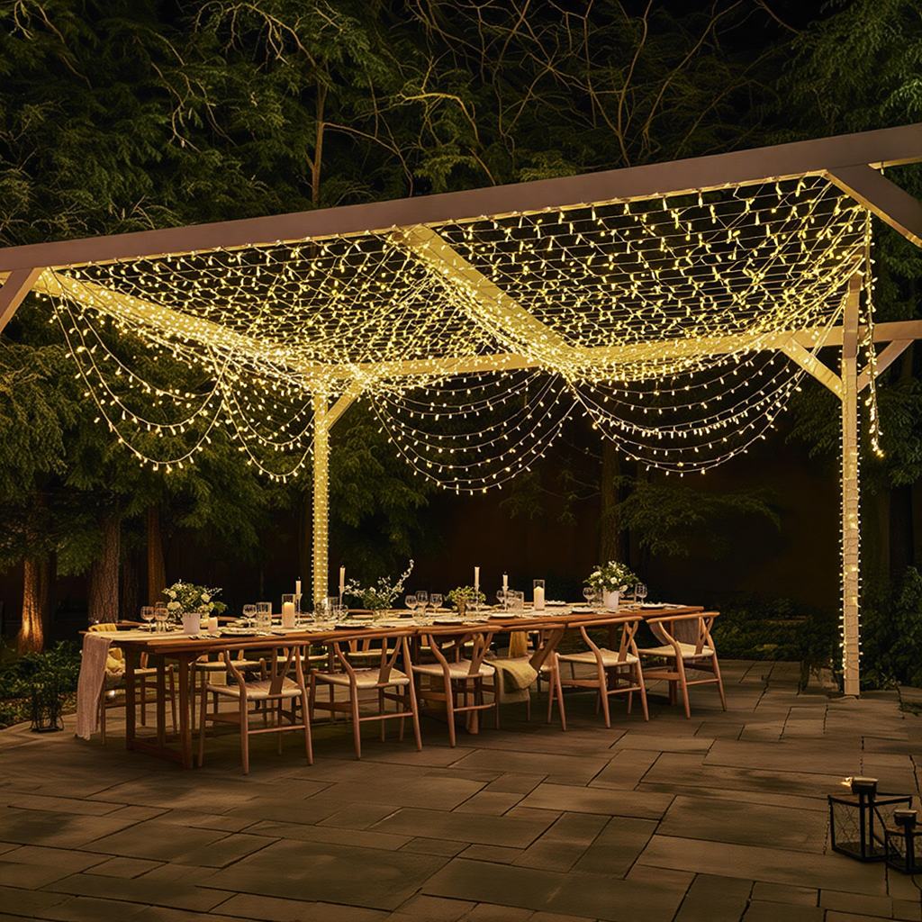 гирлянда сетка для беседки 100 м 1000 LED теплый желтый свет